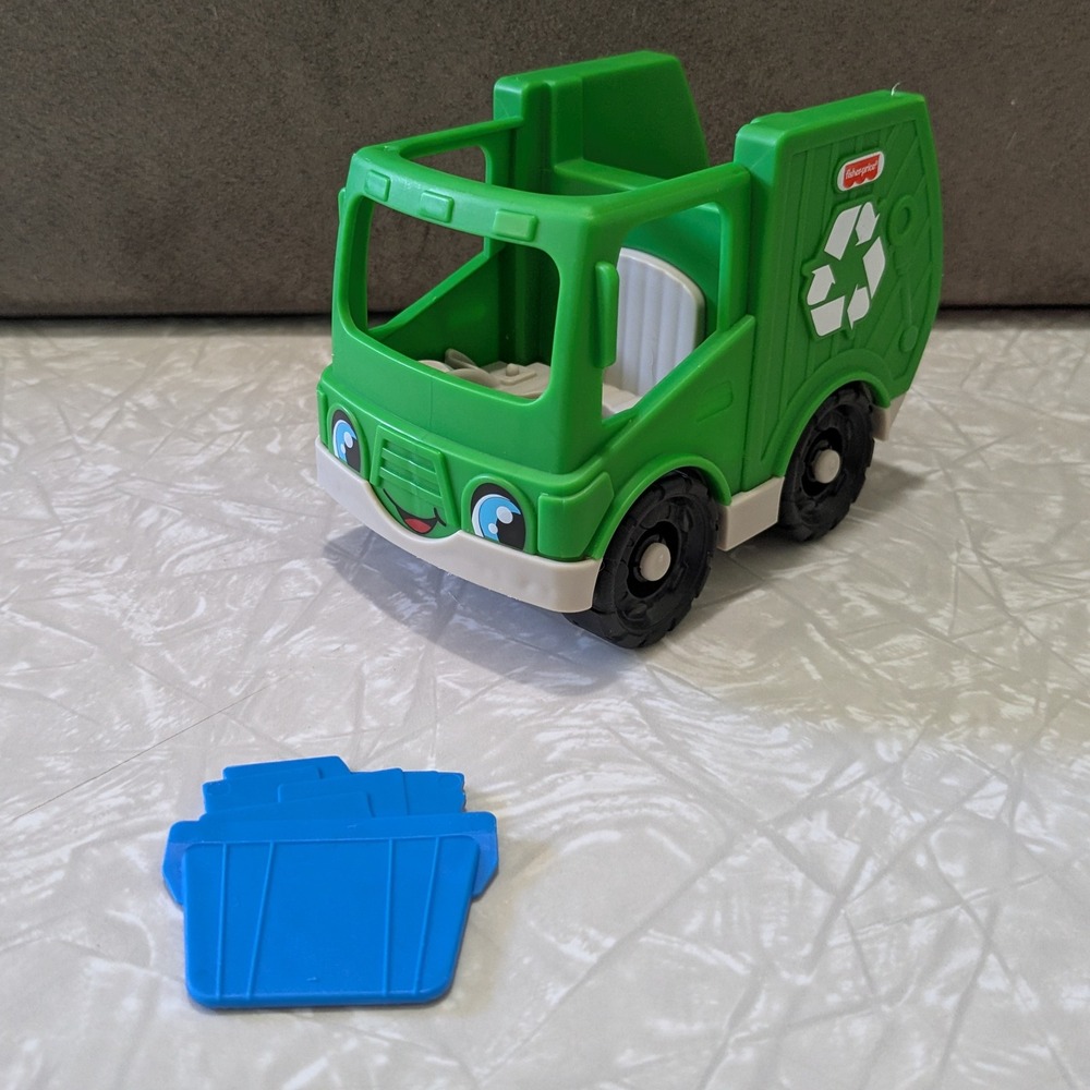 Fisher-Price Little People Recycle Truck Green Garbage Truck Toy with Blue Bin